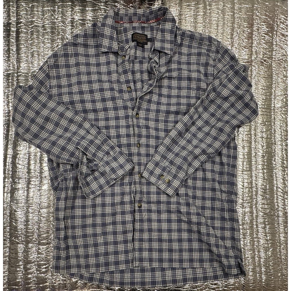 Pendleton Plaid Button Front Shirt Men's Large Blue Cotton Long Sleeve